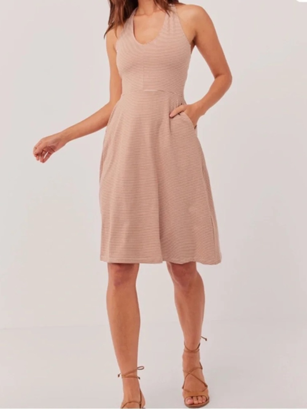 Pact Brown & White Stripe Organic Cotton Fit & Flare Halter Dress Size L